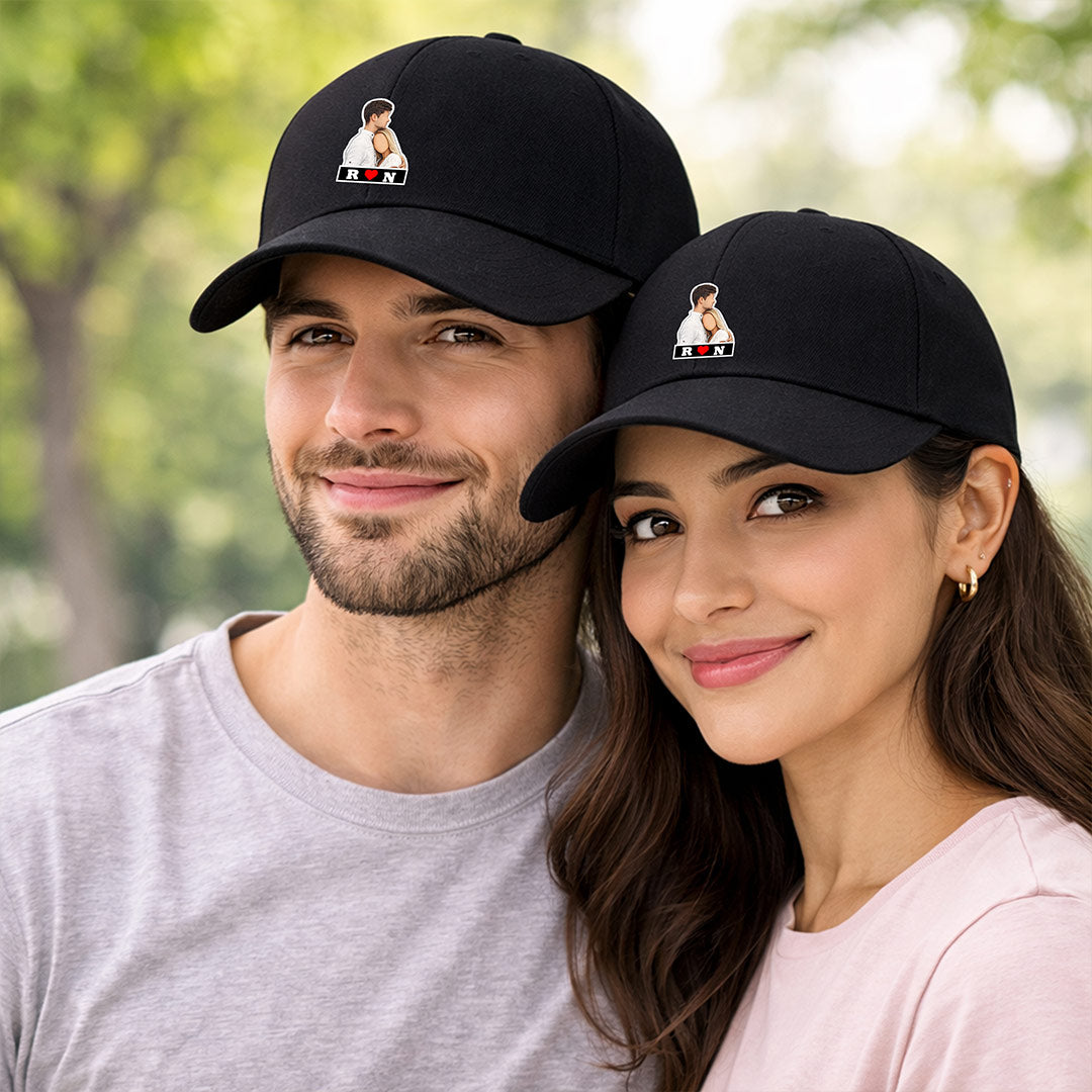 Personalized Couple Photo Printed Black Caps Set of 2 – Custom Name & Picture Adjustable Matching Hats for Him & Her | Love Craft Gifts