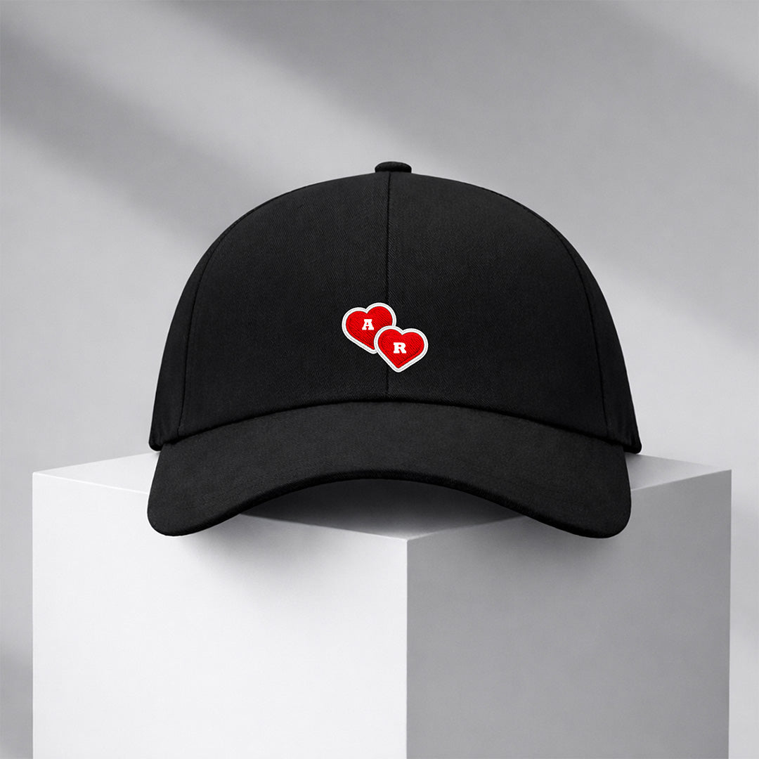 Personalized Couple Printed Black Caps Set of 2 – Custom Initial Heart Design Adjustable Baseball Hats for Him & Her | Love Craft Gifts
