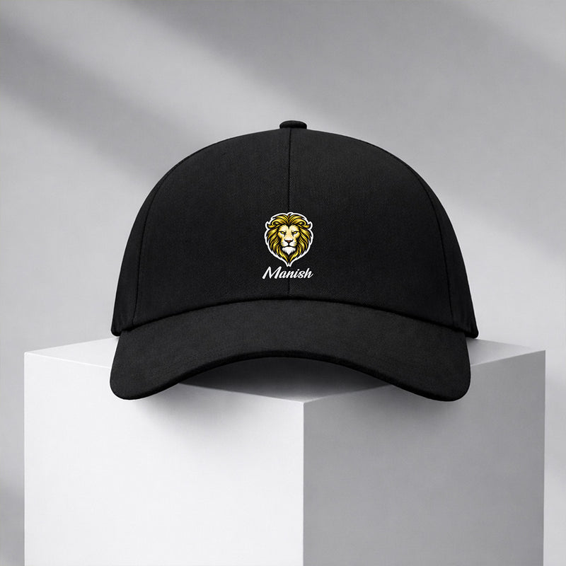 Personalized Lion Head Printed Black Cap – Custom Name Adjustable Baseball Hat for Men & Boys | Love Craft Gifts