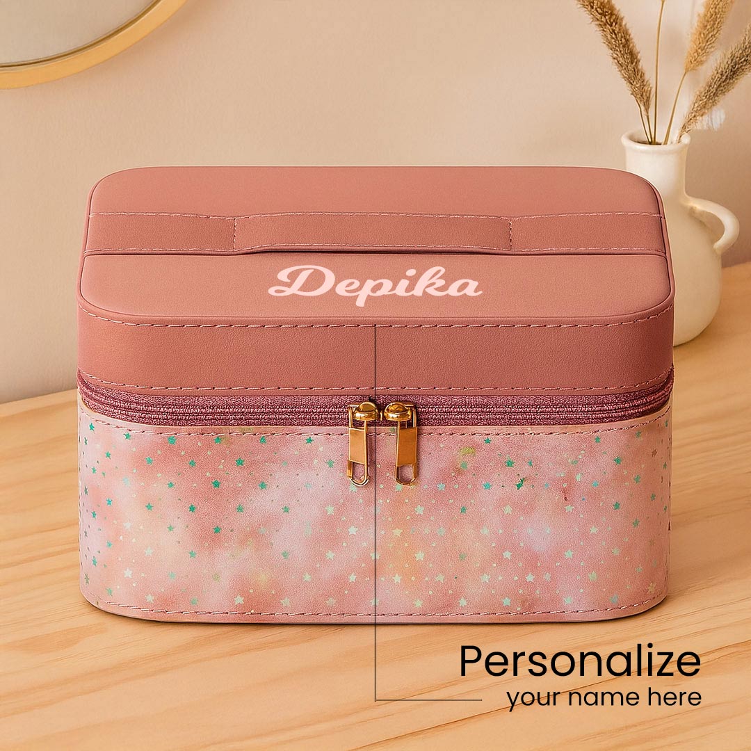 Pink Starry Leatherette Jewellery Storage Box with Name Personalization | Love Craft Gifts