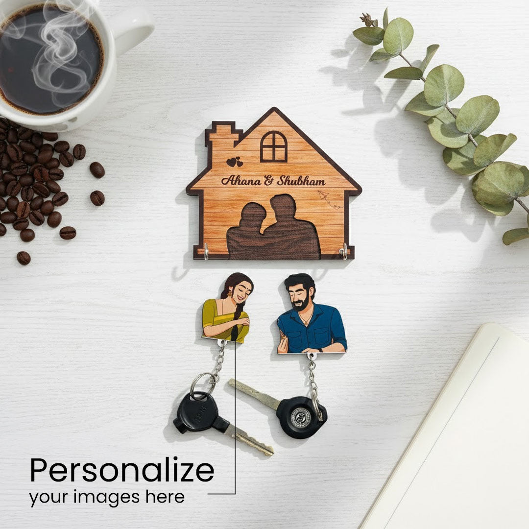 Personalized Wooden Couple Key Holder – 6x6” | Custom Names & Cartoon Art | Love Craft Gifts