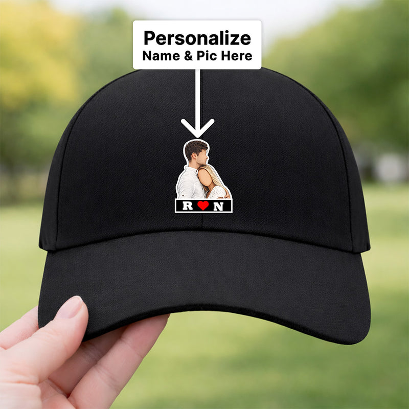Personalized Couple Photo Printed Black Caps Set of 2 – Custom Name & Picture Adjustable Matching Hats for Him & Her | Love Craft Gifts