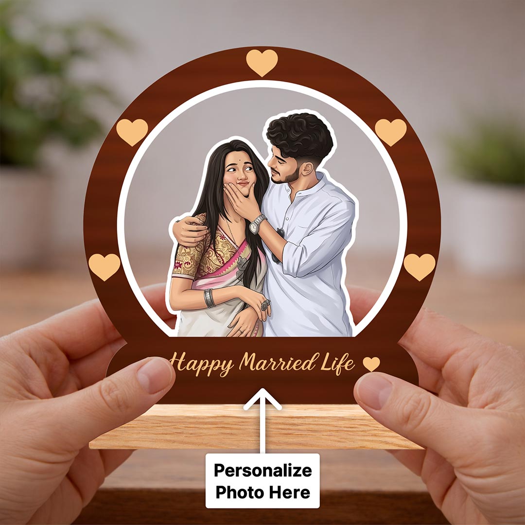 Personalized Cartoon Couple Wooden Table Top Frame | Custom Happy Married Life Photo Stand Gift for Couples 8x8" | Love Craft Gifts™