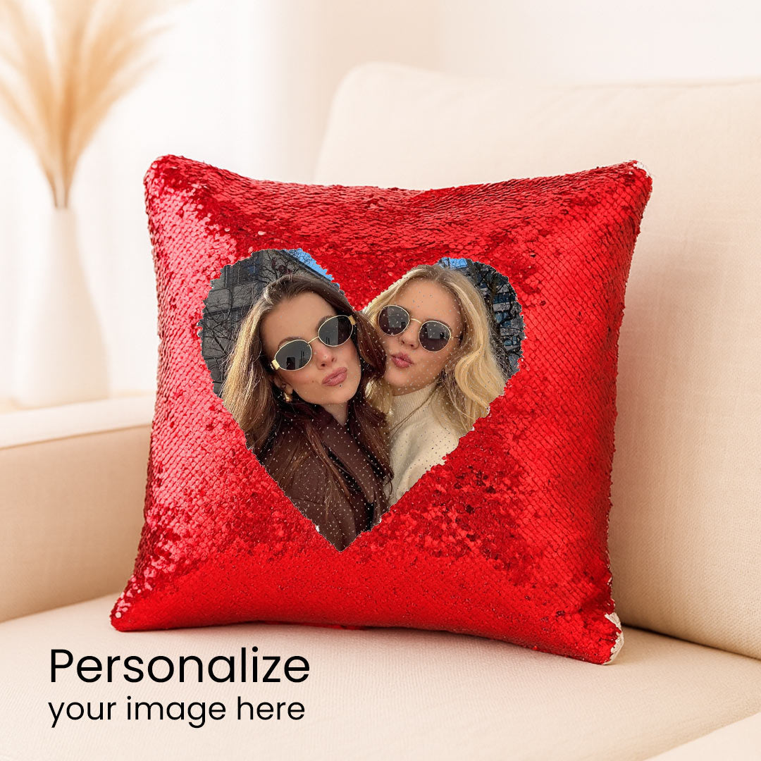 Personalized Red Sequin Cushion with Heart Photo | Love Craft Gifts