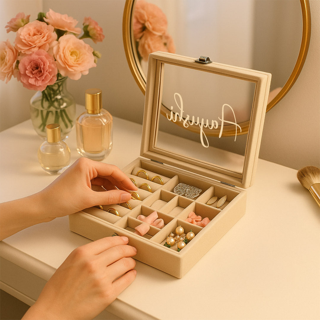 Personalized Beige Velvet Jewellery Organizer Box with Jewellery (According to Availability)| Love Craft Gifts