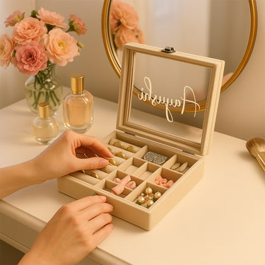 Personalized Beige Velvet Jewellery Organizer Box with Jewellery (According to Availability)| Love Craft Gifts