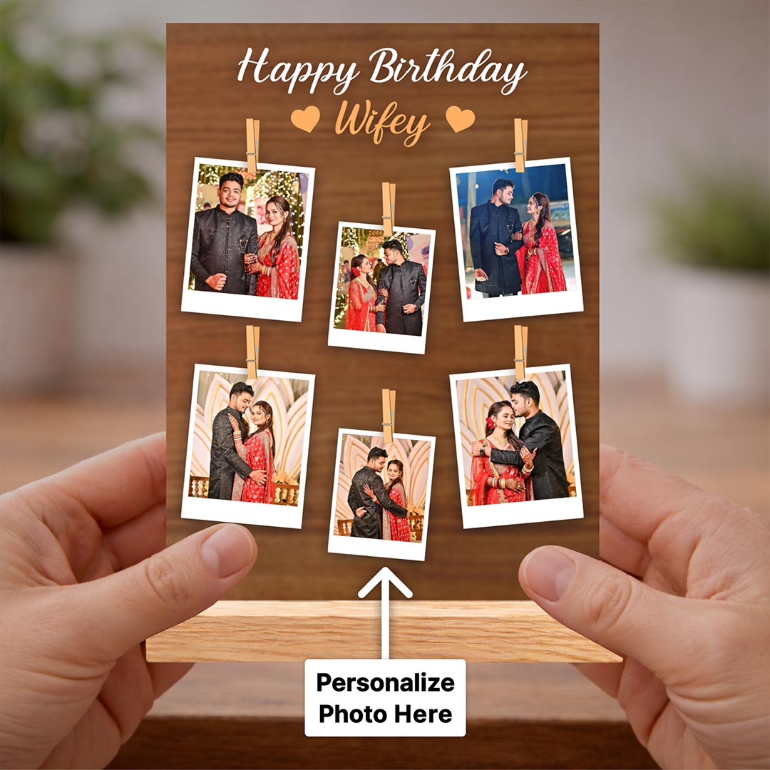 Personalized Birthday Photo Frame for Wife | Custom Polaroid Memory Table Top Gift with Photos & Wooden Stand 6x8" | Love Craft Gifts™