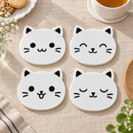 Cute Cat Coaster Set | White Cat Face Coasters | Coffee & Tea Table Decor