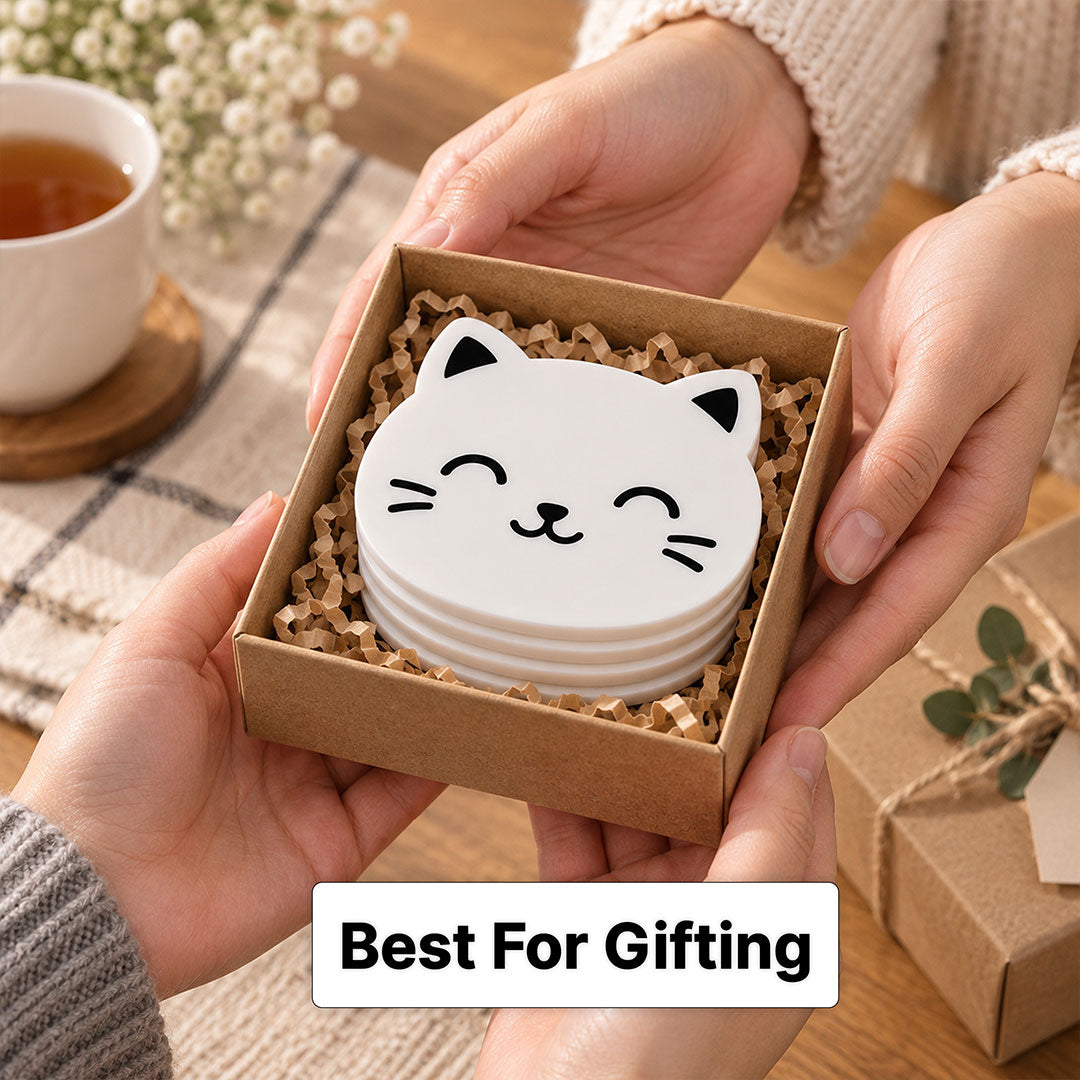 Cute Kitty Coasters | Cat Face White Coaster Set | Home & Table Decor