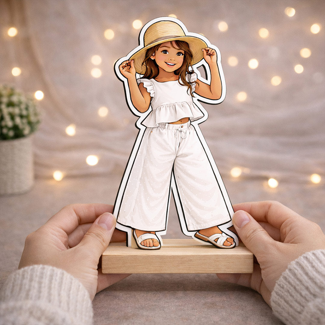 Personalized Kids Cartoon Acrylic Photo Stand with Wooden Base – Custom Child Picture Cutout Table Top Gift (7x4 Inch) | Love Craft Gifts
