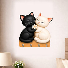 Cute Cat Couple Wooden Key Holder | Home Organizer Gift for Cat Lovers & Couples - 7x7"