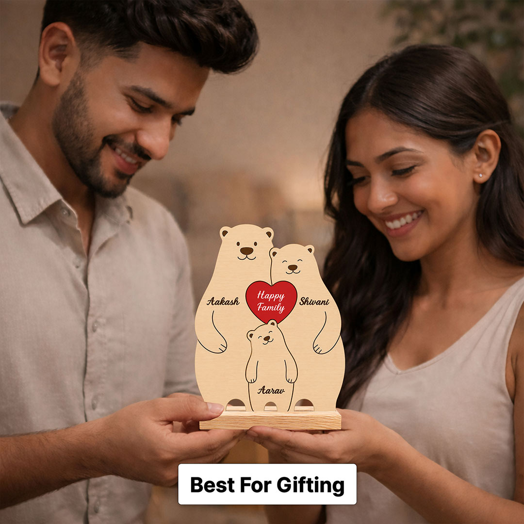 Personalized Happy Family Bear Wooden Table Stand (6x7.5") | Custom Name Family Décor Gift | Love Craft Gifts™
