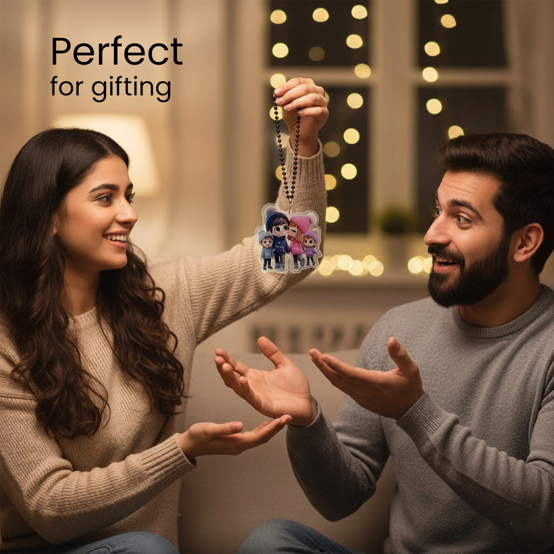 Customized Family Car Hanging | 4-Member Cartoon Acrylic Name Hanger | Personalized Car Dashboard Accessory