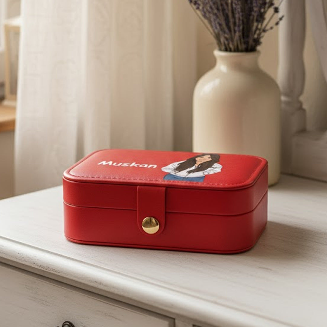 Red Customized Jewelry Travel Case with Name & Cartoon | Love Craft Gifts