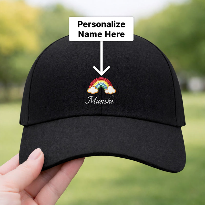 Personalized Rainbow Embroidered Black Cap – Custom Name Adjustable Baseball Hat for Women & Girls | Love Craft Gifts