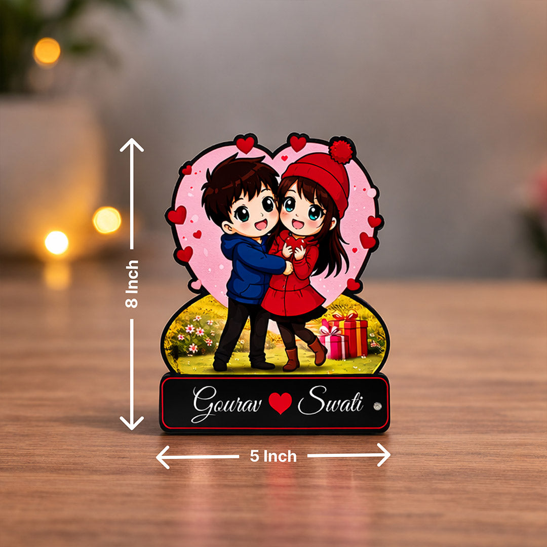 Personalized Cartoon Couple Wooden Table Frame – Custom Name Romantic Wooden Stand (5 × 8 Inch) | Love Craft Gifts