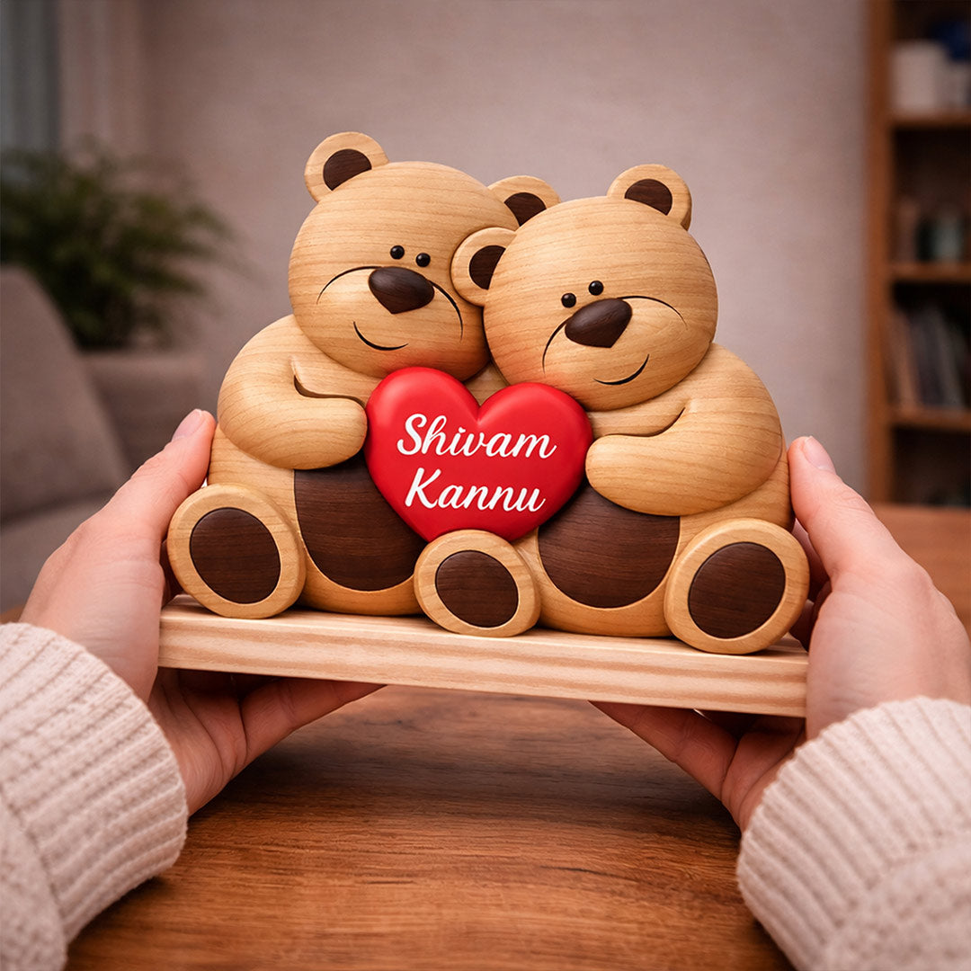 Personalized Teddy Bear Couple Wooden Name Stand – Custom Love Heart Tabletop Decor (8 x 6 Inch) | Love Craft Gifts