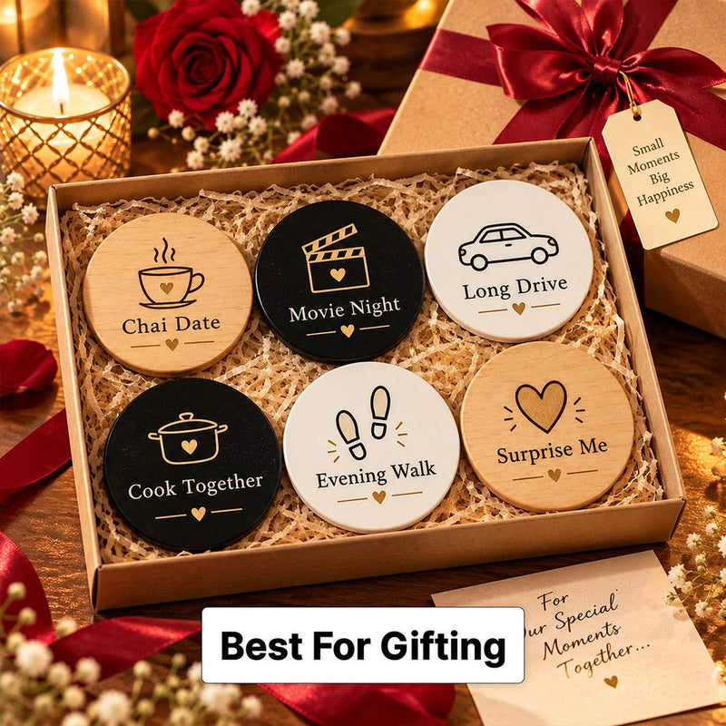 Date Night Tea Coaster Set of 6 with Chai, Movie & Couple Activities | Love Craft Gifts™