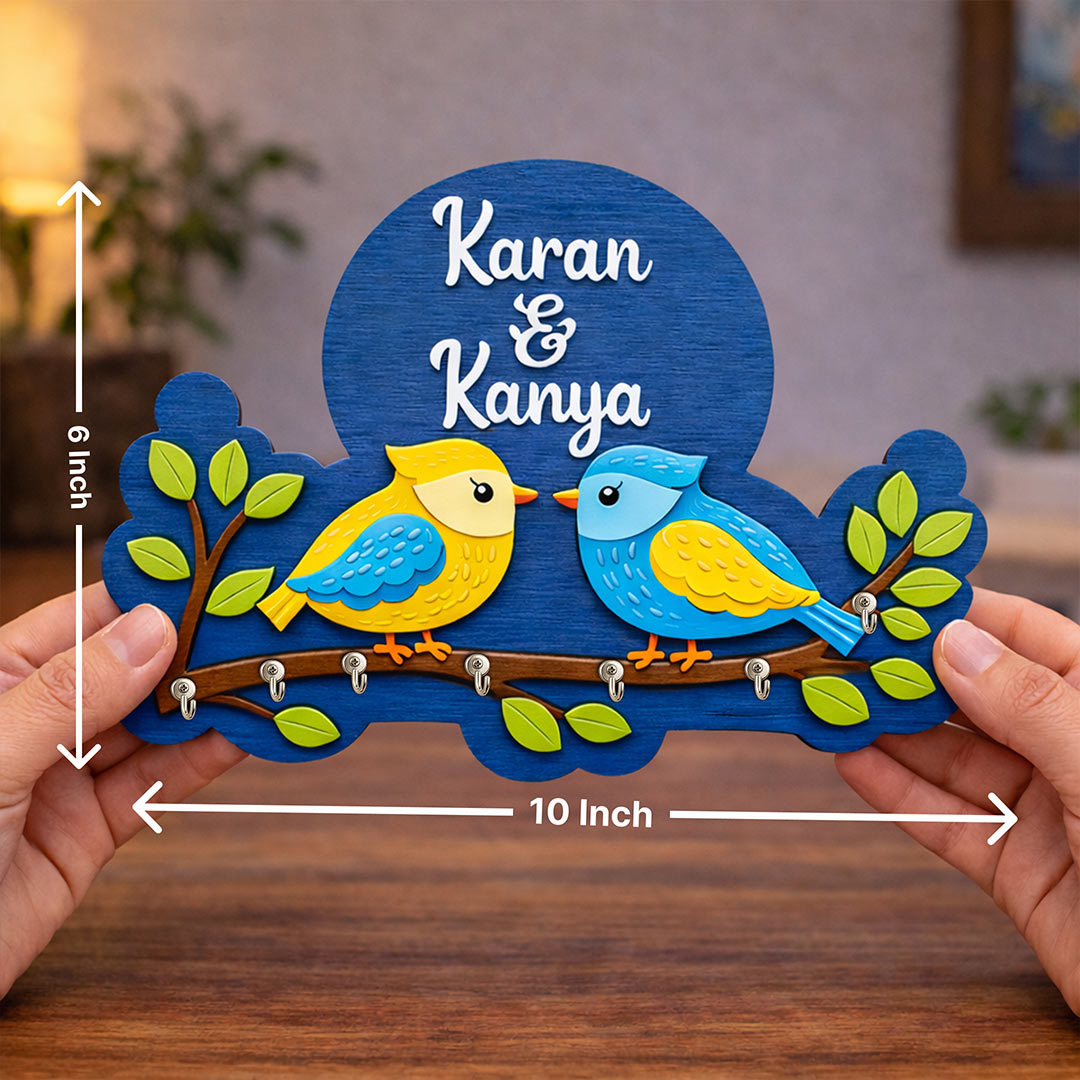 Personalized Birds Wooden Key Holder Wall Hanger with Names – Custom 3D Decorative Key Rack (10 x 6 Inch) | Love Craft Gifts