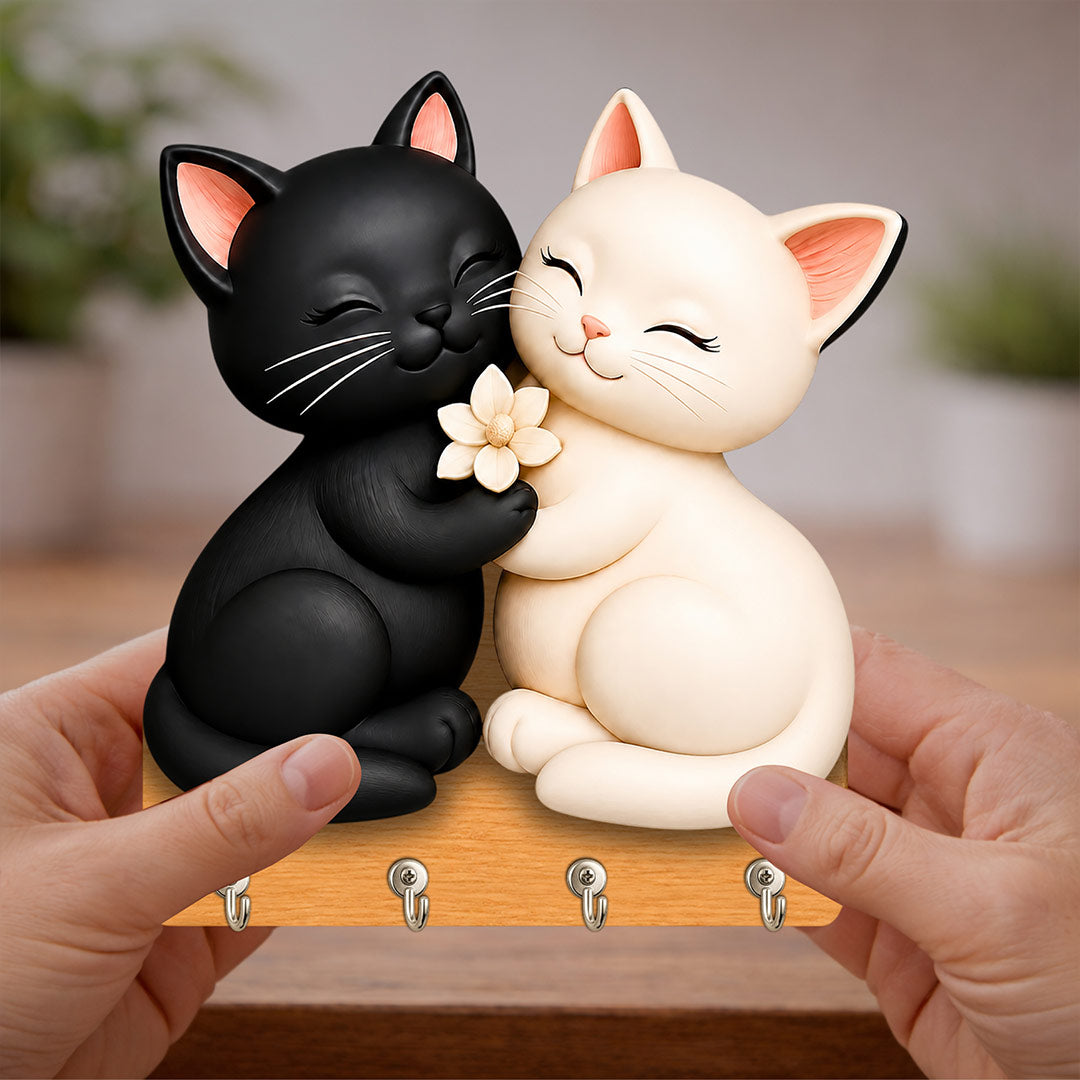 Cute Cat Couple Wooden Key Holder Wall Decor | Adorable Home Organizer Gift for Cat Lovers & Couples - 7x7" | Love Craft Gifts™