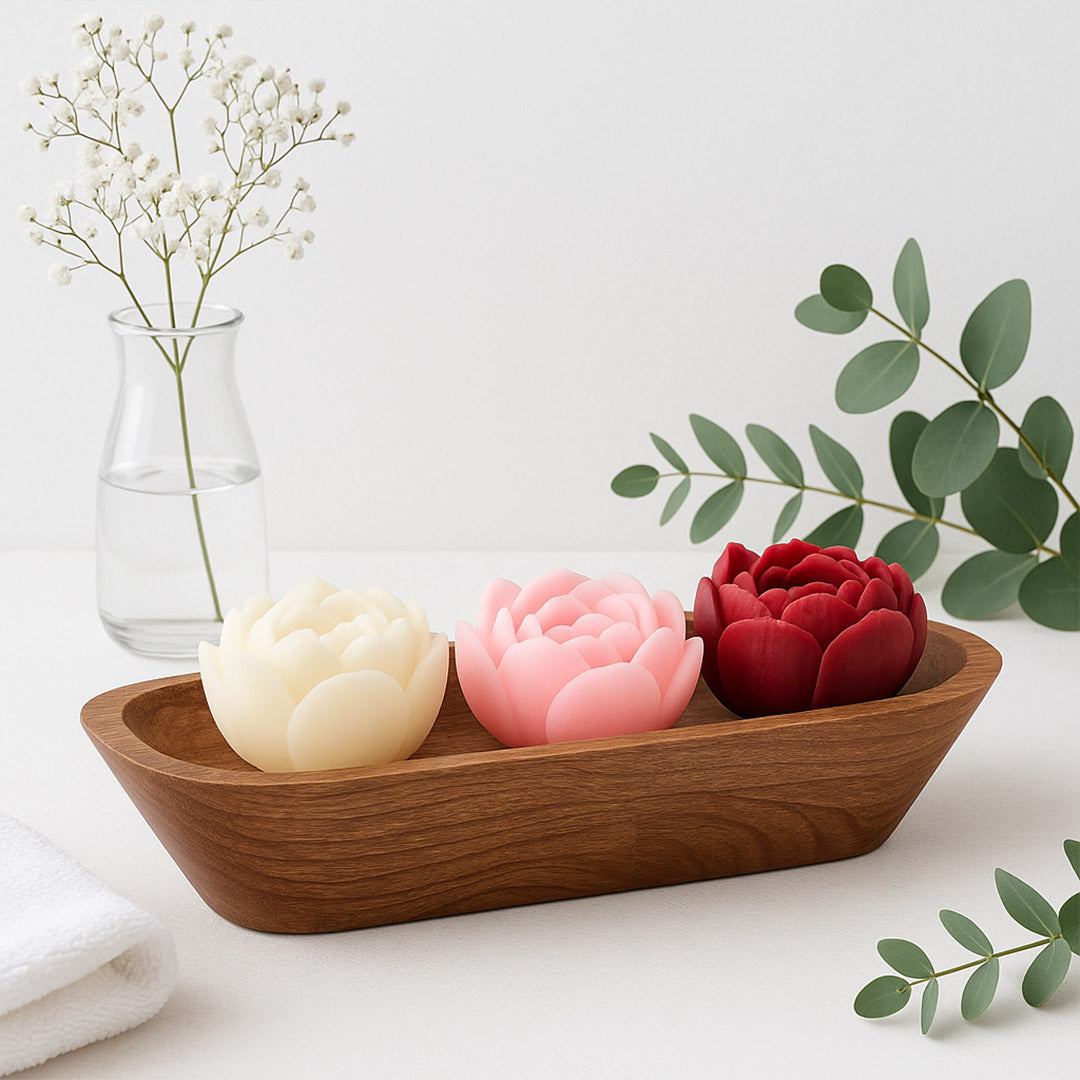 Lotus Flower Scented Candle Set – Decorative Aromatherapy Gift in Wooden Tray | Love Craft Gifts