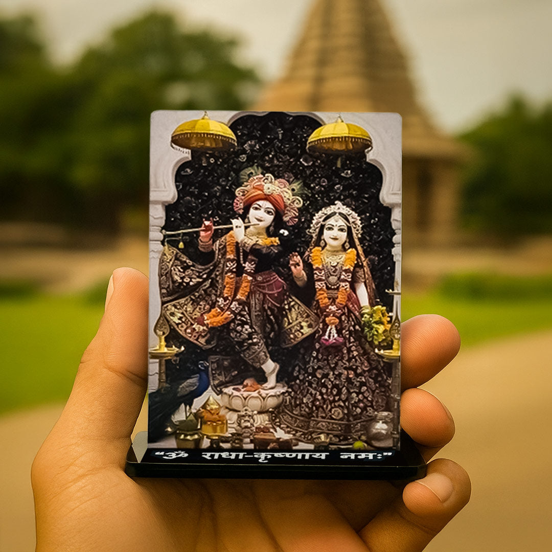 Radha Krishna Acrylic Car Dashboard Frame – UV Printed 4×6 Inch Spiritual Dashboard Decor