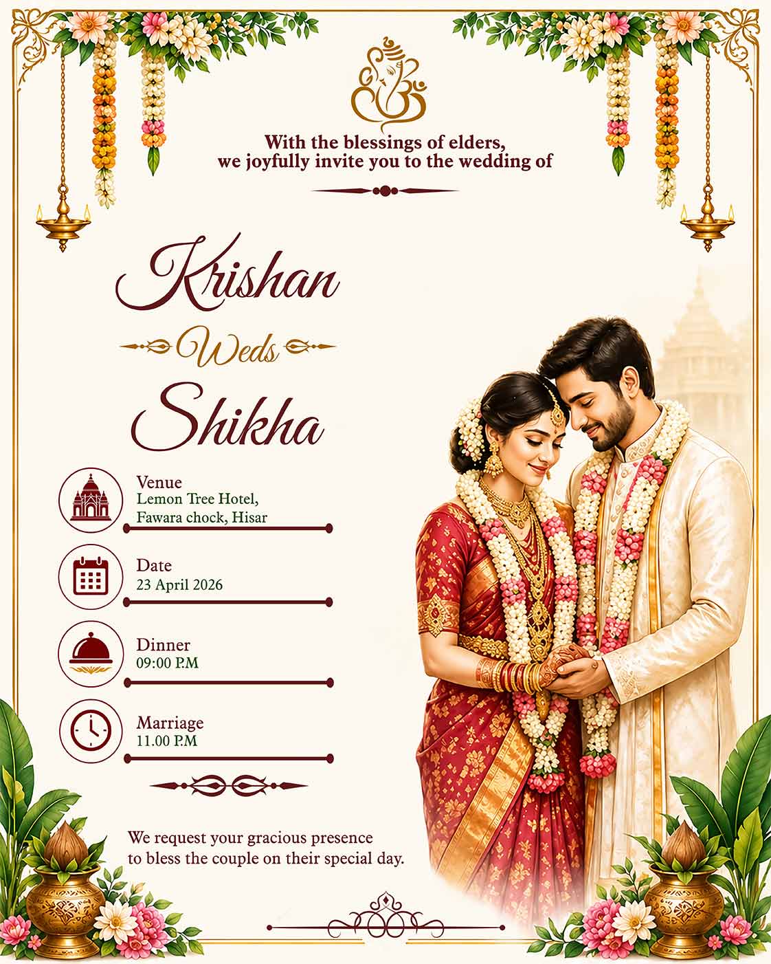 Personalized Shubh Vivaah Digital Invitation Card | Custom Couple Details & Marriage Ceremony Information | Elegant Hindu E-Invite Design | Love Craft Gifts™