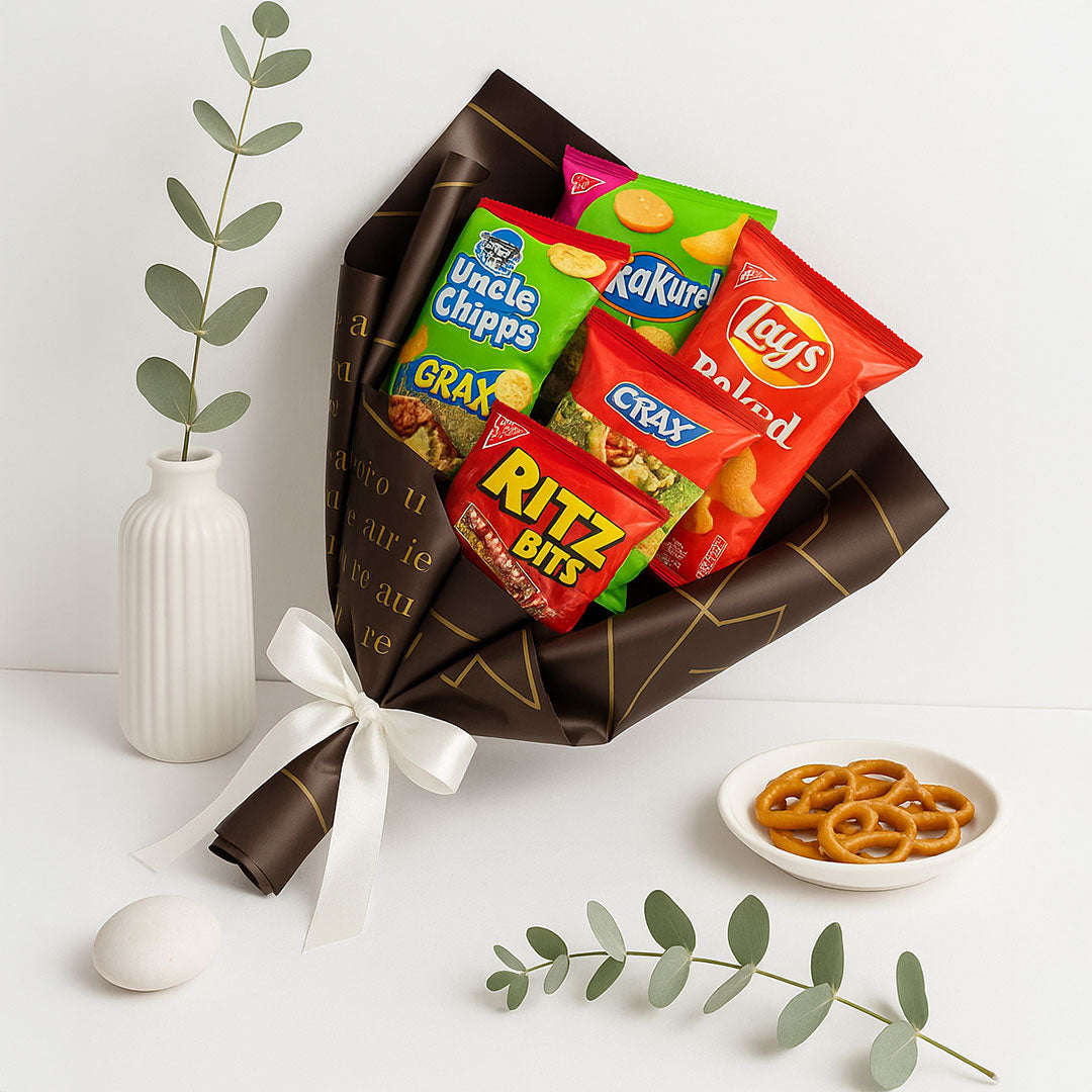 Snack Bouquet Gift Pack – Assorted Chips & Savory Treats in Stylish Wrap | Love Craft Gifts