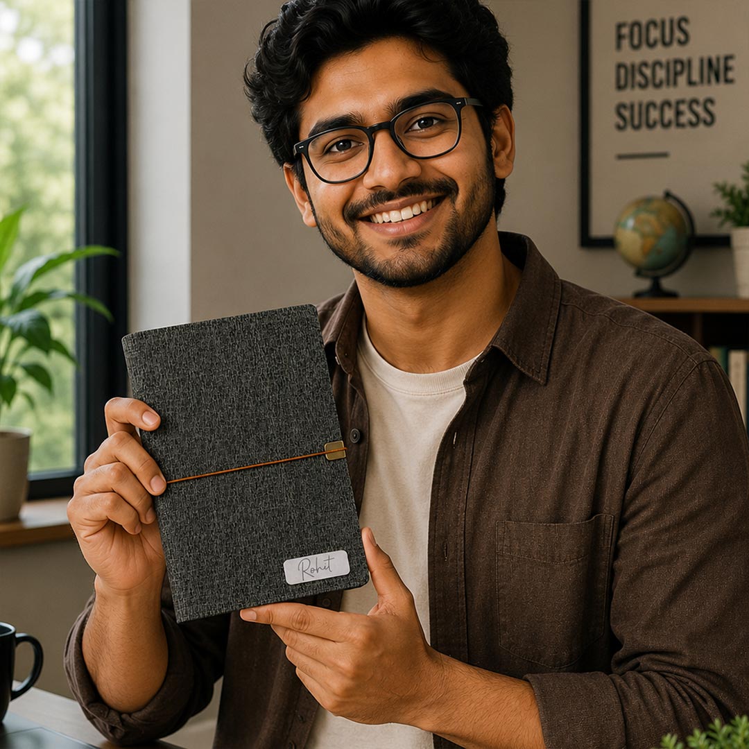 Personalized Fabric Texture Diary Notebook with Custom Name Plate | Premium Executive Journal for Office, Study & Daily Planning - Black A5 Size | Love Craft Gifts™