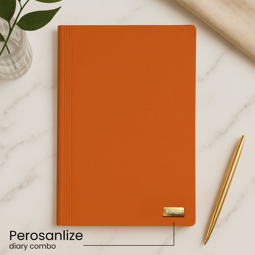 Luxury Personalized Gift Set – Orange Diary, Pen & Red Bottle with Custom Name | Love Craft Gifts