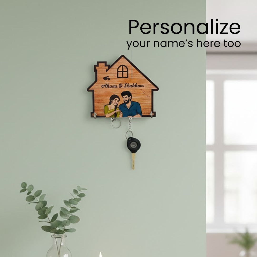 Personalized Wooden Couple Key Holder – 6x6” | Custom Names & Cartoon Art | Love Craft Gifts
