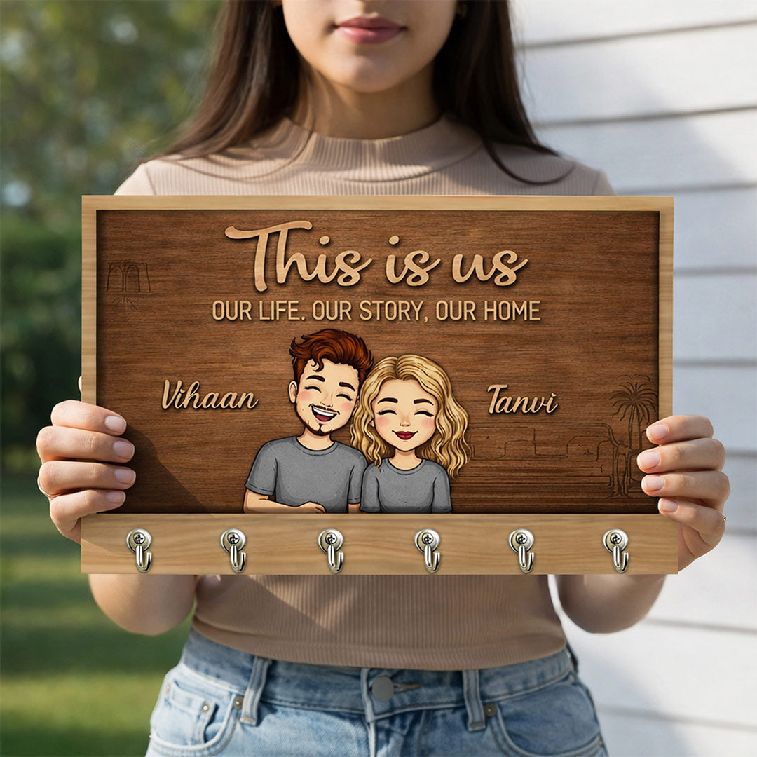 Personalized “This Is Us” Wooden Key Holder – Custom Couple Name Wall Key Hanger (10x6 Inch) | Love Craft Gifts