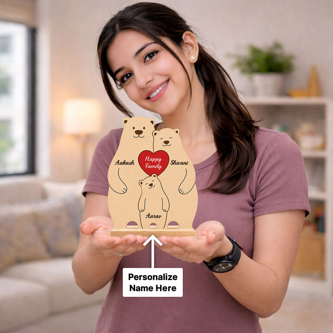 Personalized Happy Family Bear Wooden Table Stand (6x7.5") | Custom Name Family Décor Gift | Love Craft Gifts™