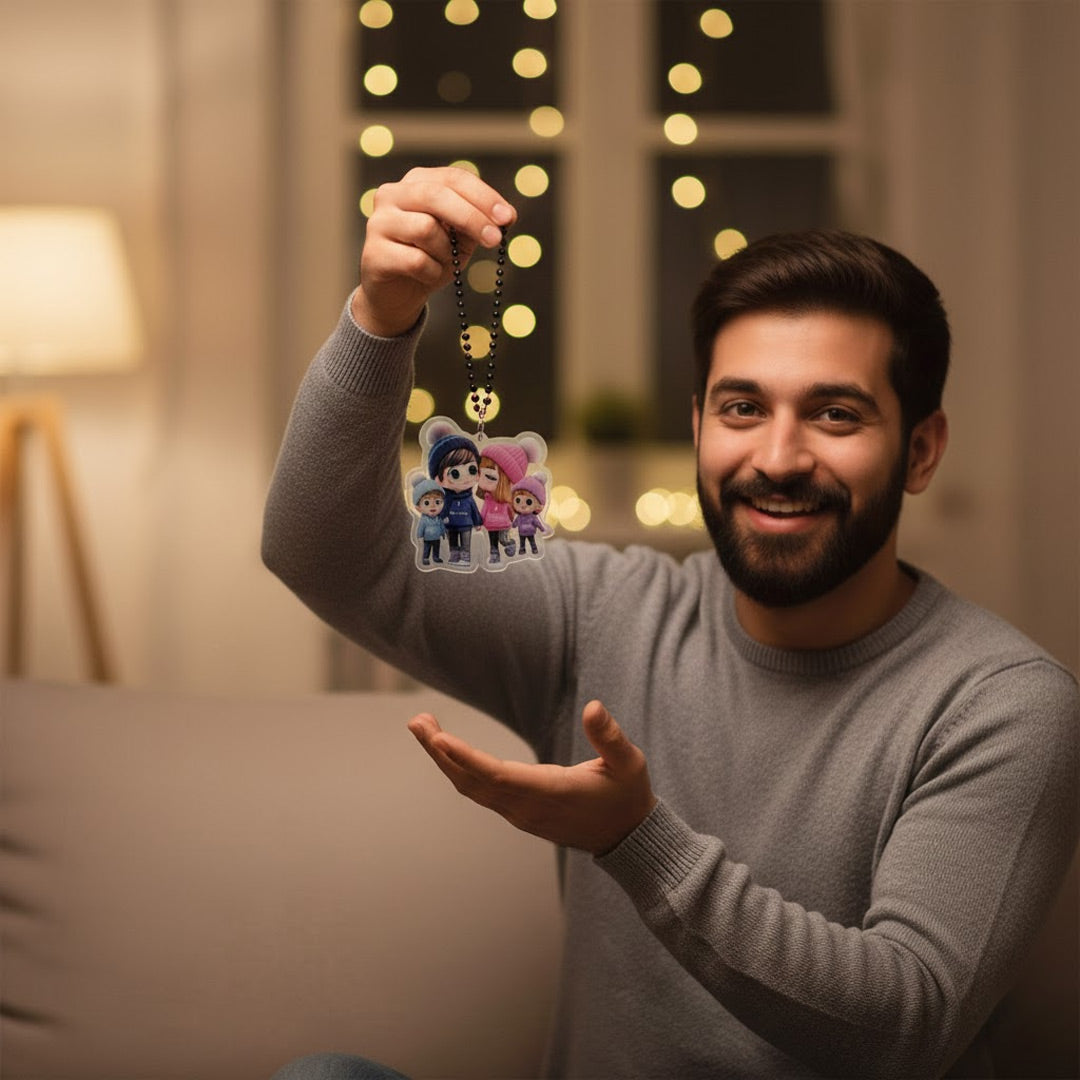 Customized Family Car Hanging | 4-Member Cartoon Acrylic Name Hanger | Personalized Car Dashboard Accessory