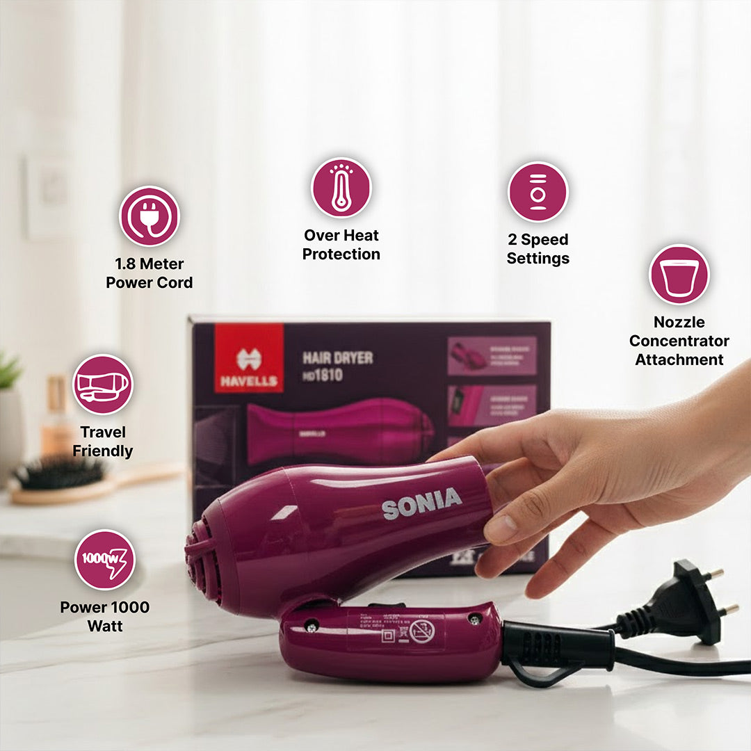 Personalized Havells 1000W Foldable Hair Dryer (Purple) | Love Craft Gifts