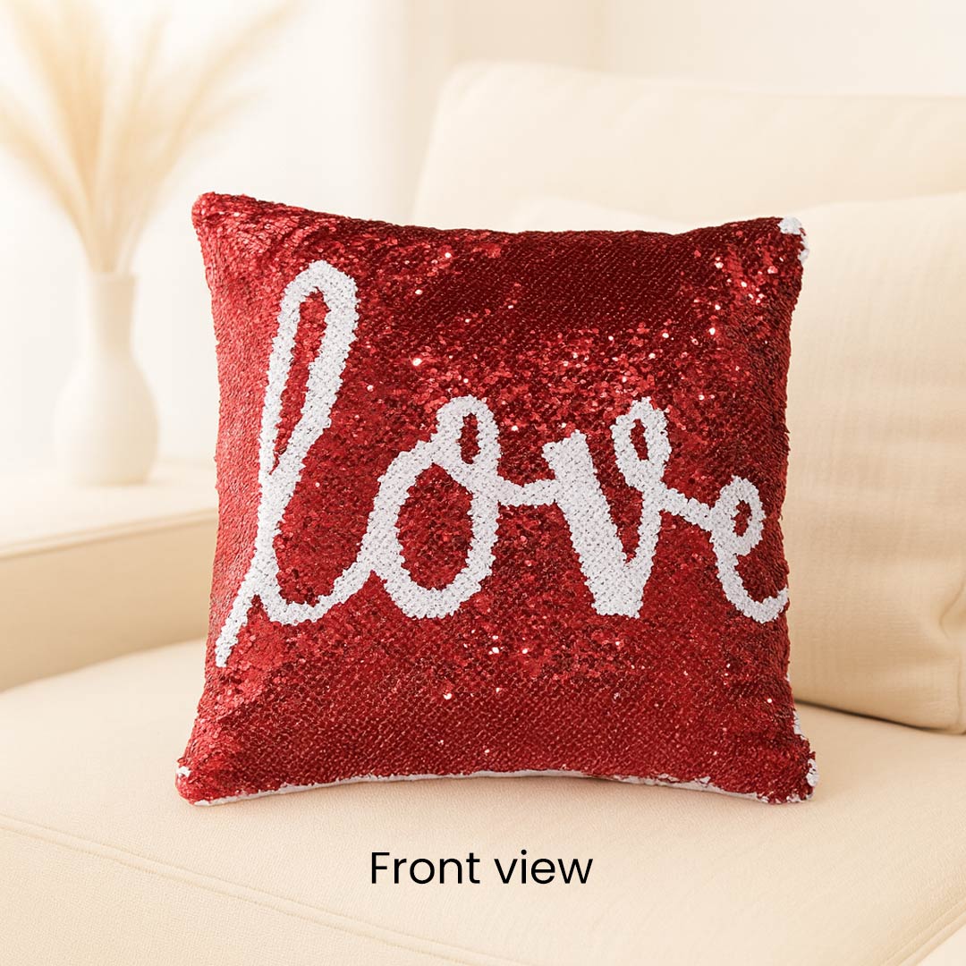 Personalized Red Sequin Cushion with Heart Photo | Love Craft Gifts