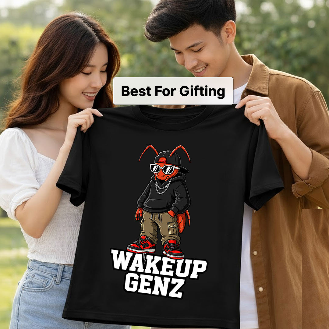 Wake Up Gen Z Cockroach Graphic T-Shirt for Men & Women | Viral Satirical Streetwear Tee Inspired by Internet Youth Culture - Black | Available in S, M, L, XL & XXL | Love Craft Gifts™