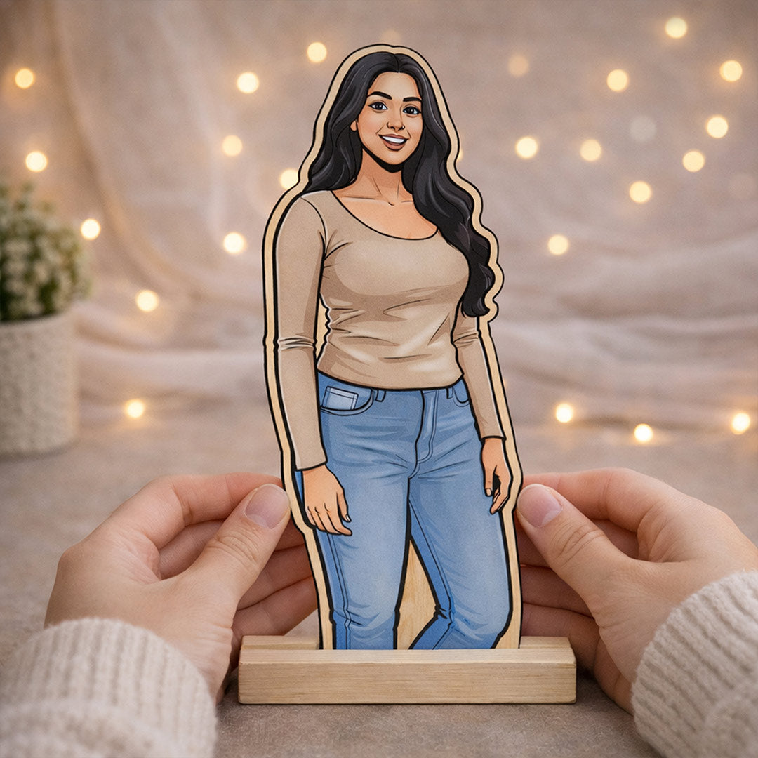 Personalized Cartoon Acrylic Photo Stand with Wooden Base – Custom Picture Cutout Table Top Gift (7x4 Inch) | Love Craft Gifts
