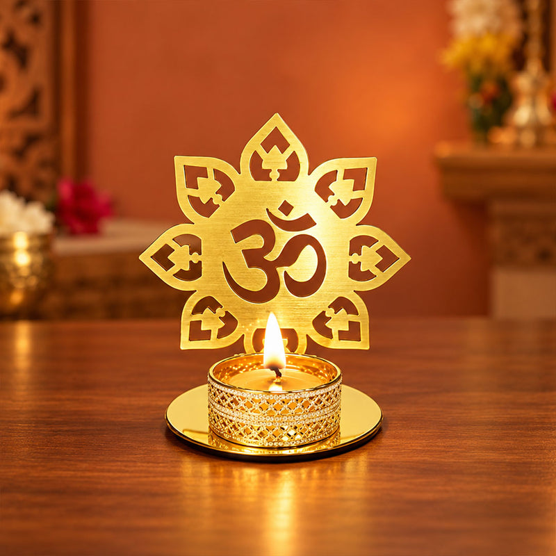 Golden Acrylic Om Candle Holder 4x4" for Pooja & Festive Decoration | Love Craft Gifts™