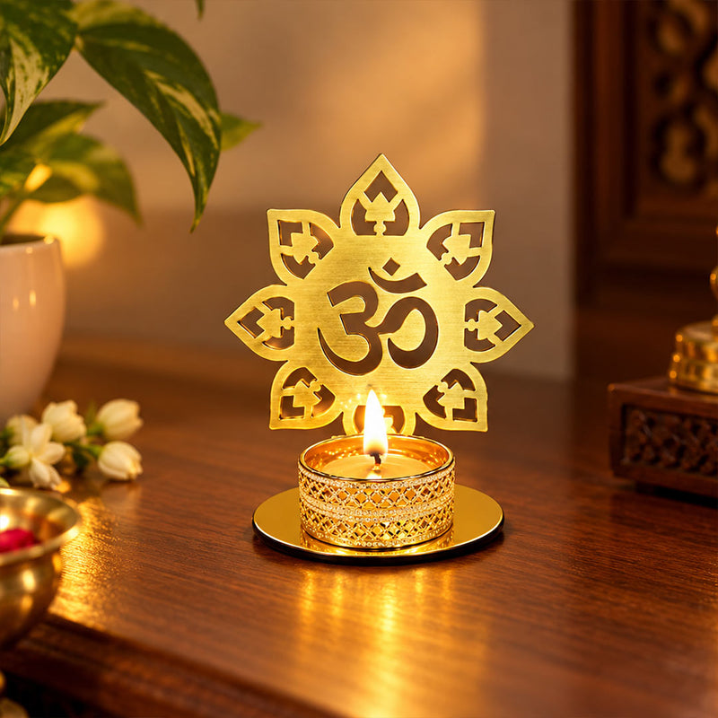 Golden Acrylic Om Lotus Tealight Candle Holder 4x4" | Diwali Pooja Decor | Love Craft Gifts™