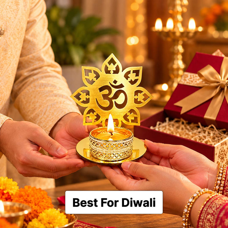 Golden Om Diya Stand 4x4" with Lotus Cutout Design for Pooja | Love Craft Gifts™