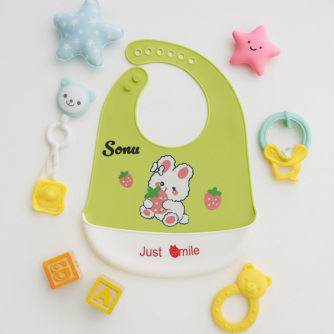 Personalized Bunny Silicone Bib for Babies – Green | Love Craft Gifts