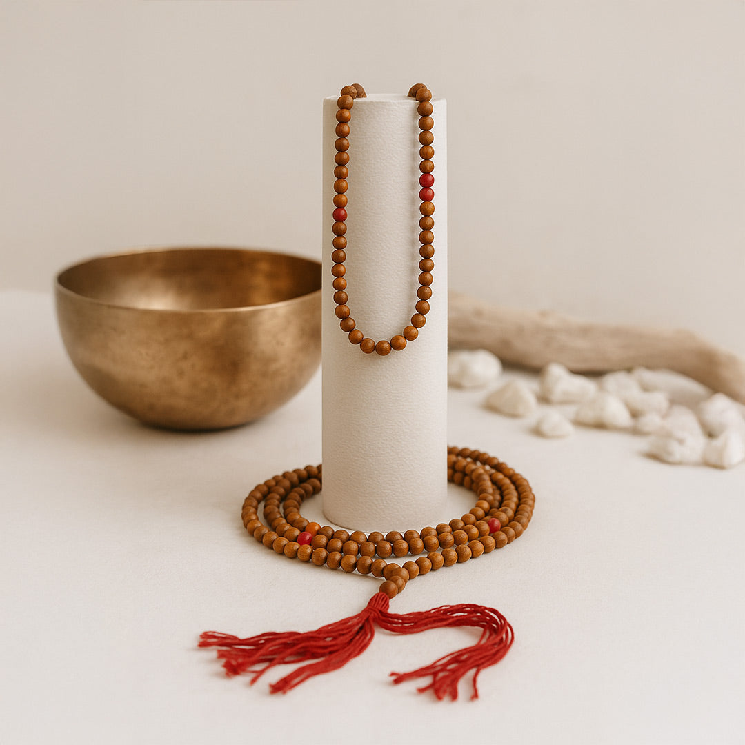 Handcrafted Wooden Prayer Mala with Red Tassel – 108 Beads for Meditation & Spiritual Healing | Love Craft Gifts