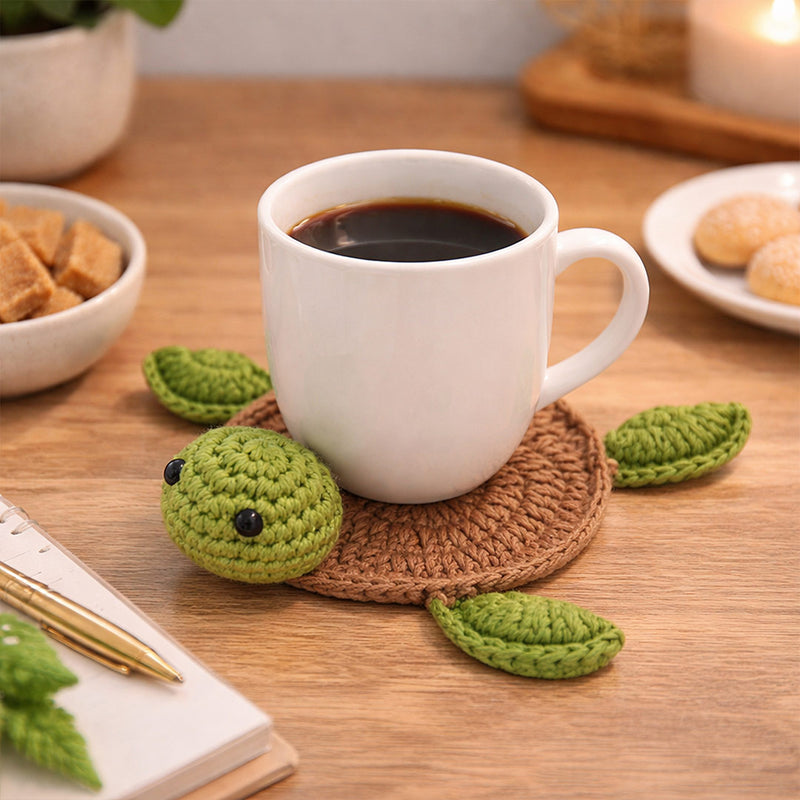Handcrafted Crochet Turtle Coaster – Cute Handmade Table Mat & Tea Cup Holder (12 cm) | Love Craft Gifts