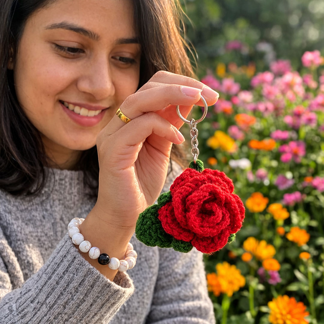 Handmade Crochet Rose Keychain – Cute Floral Bag Charm & Key Ring Accessory | Love Craft Gifts