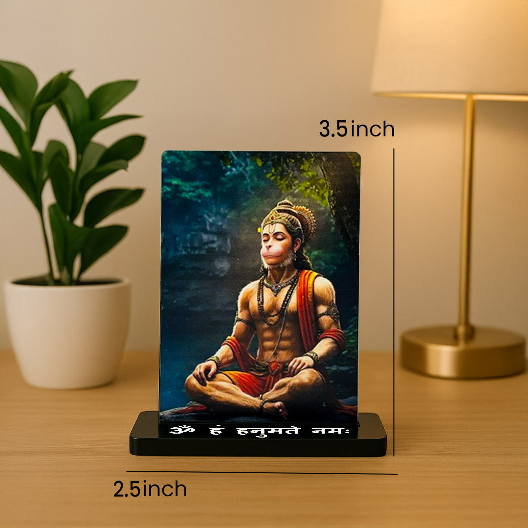 Meditating Hanuman Ji Car Dashboard Stand – Om Hanumate Namah Acrylic Dashboard Decor for Car, Home & Office | Divine Hanuman Artwork | LoveCraftGifts™
