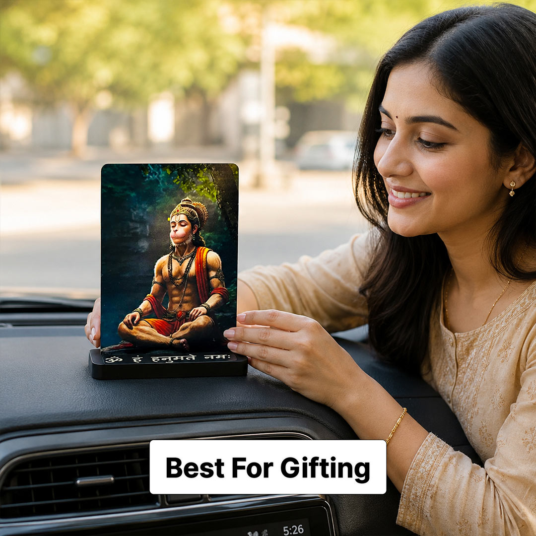 Meditating Hanuman Ji Car Dashboard Stand – Om Hanumate Namah Acrylic Dashboard Decor for Car, Home & Office | Divine Hanuman Artwork | LoveCraftGifts™