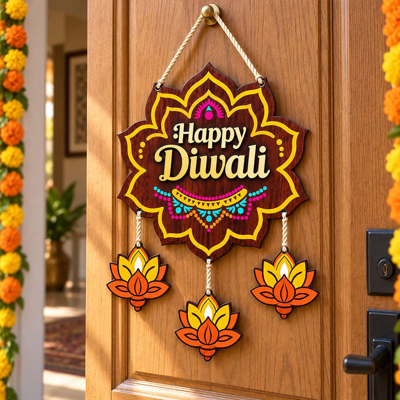 Happy Diwali Door Hanging 8x12" | Lotus & Diya Entrance Decor | Love Craft Gifts™