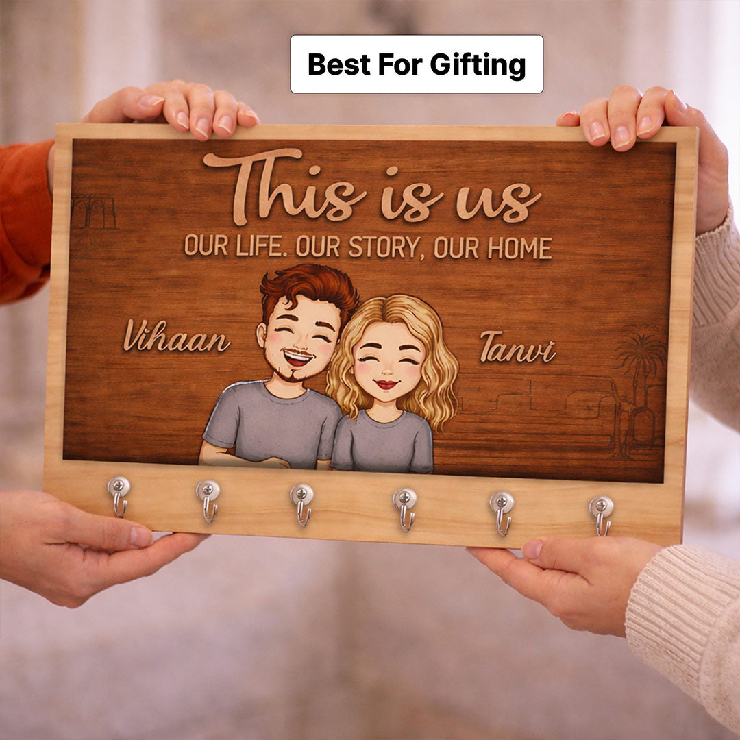 Personalized “This Is Us” Wooden Key Holder – Custom Couple Name Wall Key Hanger (10x6 Inch) | Love Craft Gifts