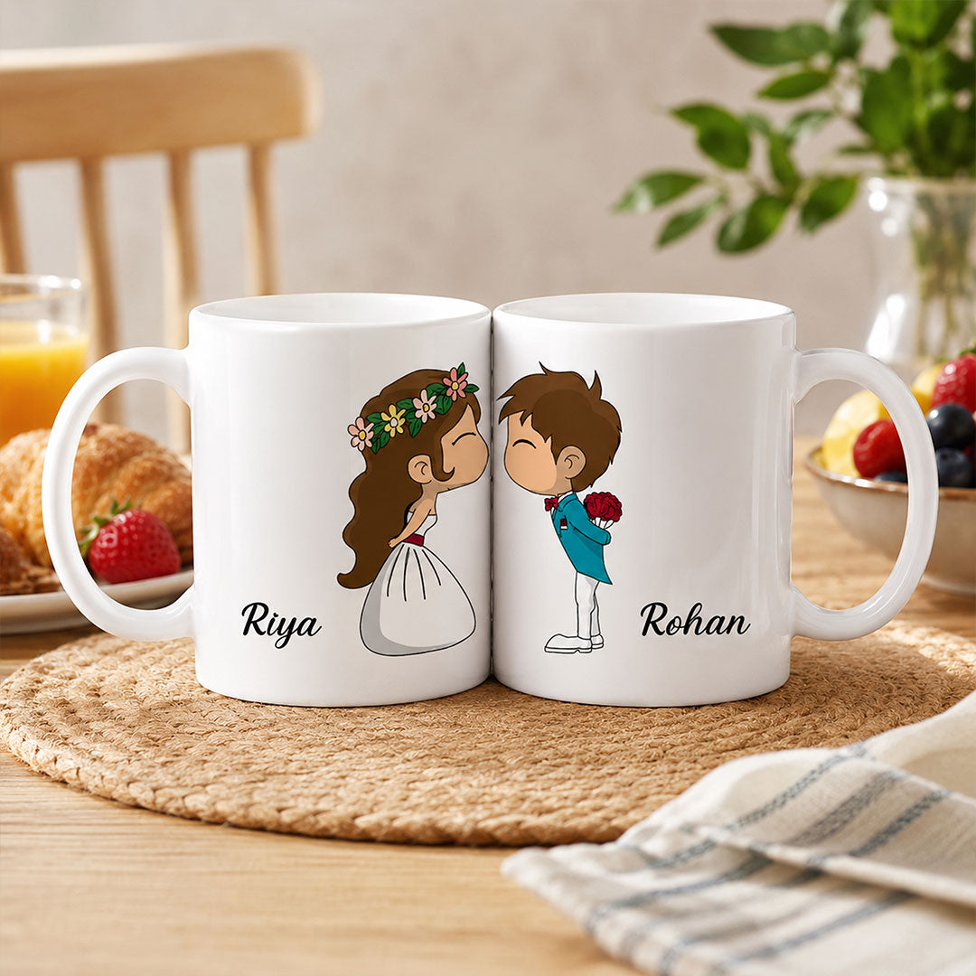 Personalized Couple Cartoon Name Mug Set 250ml | Custom His & Her Ceramic Coffee Mug with Names | Cute Romantic Gift for Anniversary, Valentine, Wedding & Couples | Love Craft Gifts™
